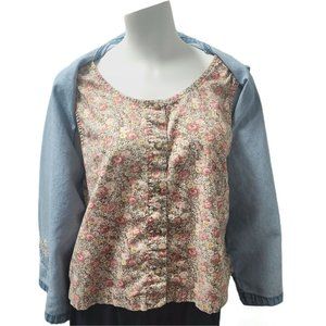Vintage Embroidered Denim Shirt with Attached  Floral Top Granny Chic Cottage L